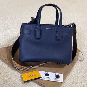 Burberry SM Banner Regency Blue Navy Pebbled Leather Satchel with Check Strap